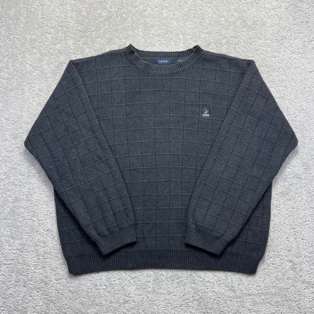VINTAGE IZOD Sweater Mens L Charcoal‎ Gray Textured Windowpane Grid Cotton Knit